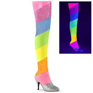 Mardi Gras Rainbow Blacklight Reactive Thigh High Boots