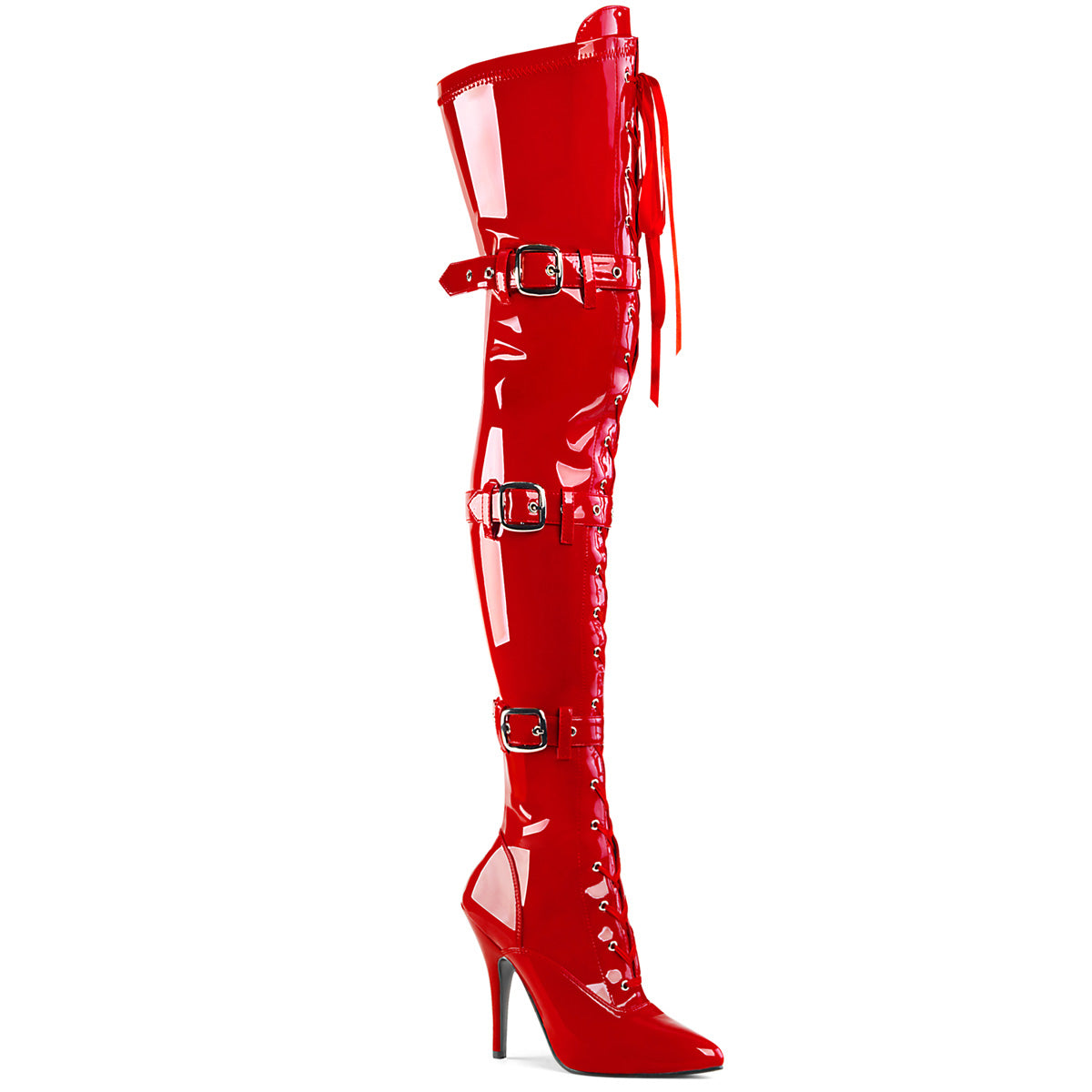 Pleaser Seduce-3028 Red Triple Buckle Thigh-High Boots