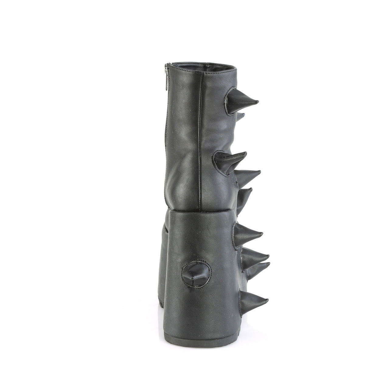 Back side view of Demonia Slay-77 boot in black matte PU