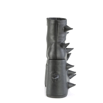 Back side view of Demonia Slay-77 boot in black matte PU