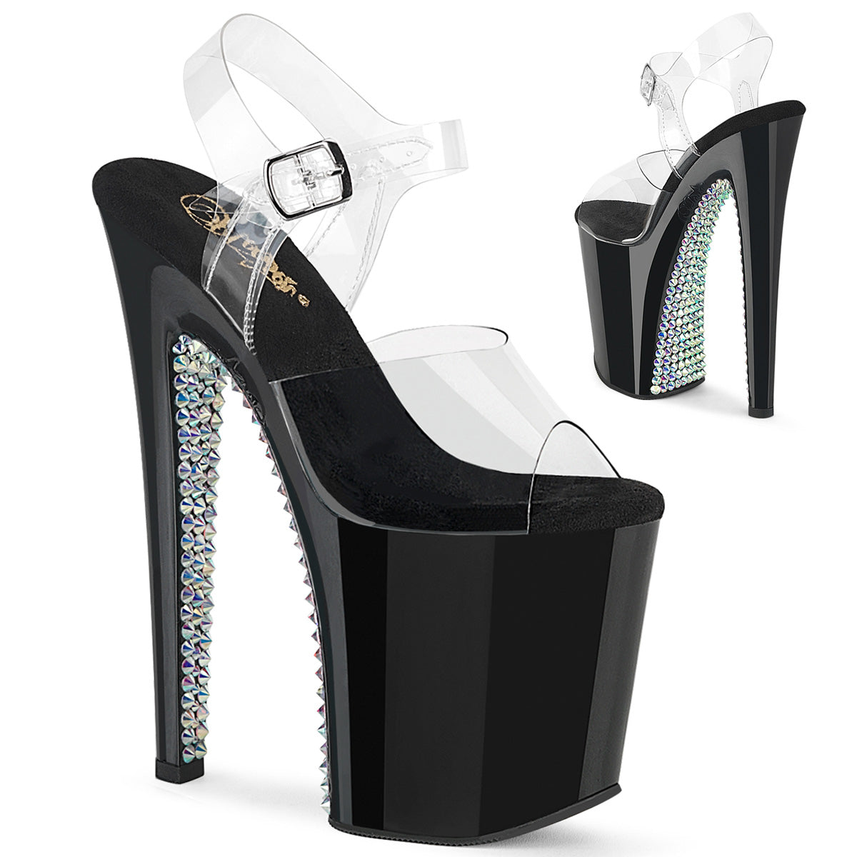 High black platform sandals with clear straps and multicolour rhinestone-studded spike heels