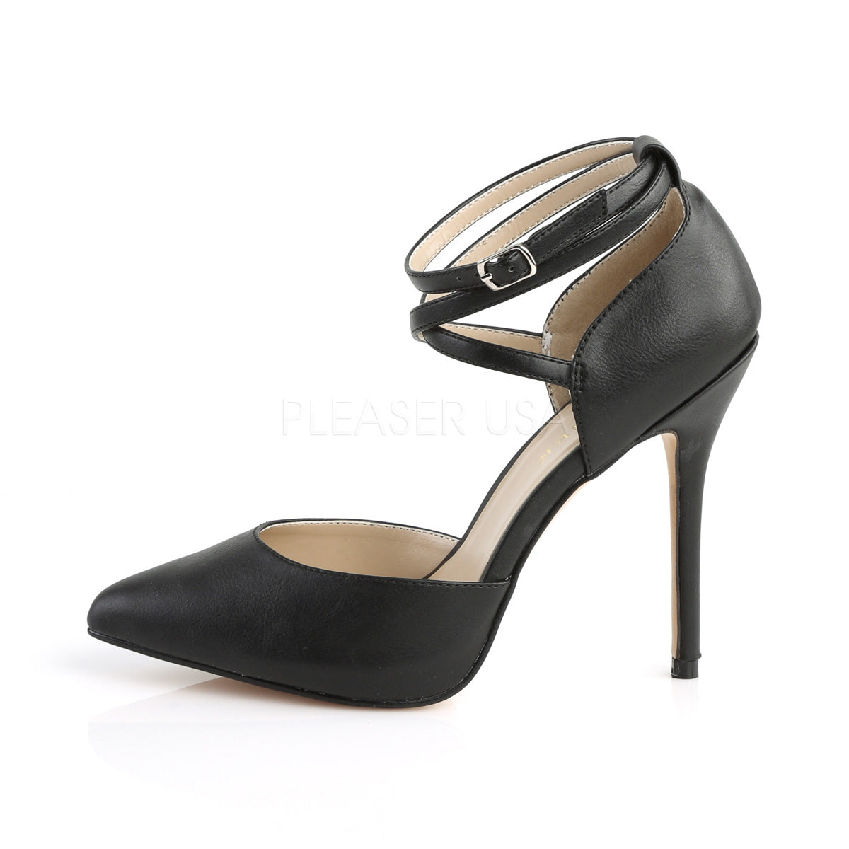 D'Orsay Cross Ankle Strap Black PU Heels