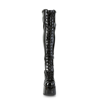 Camel-300 Black Patent Platform Thigh High Boots