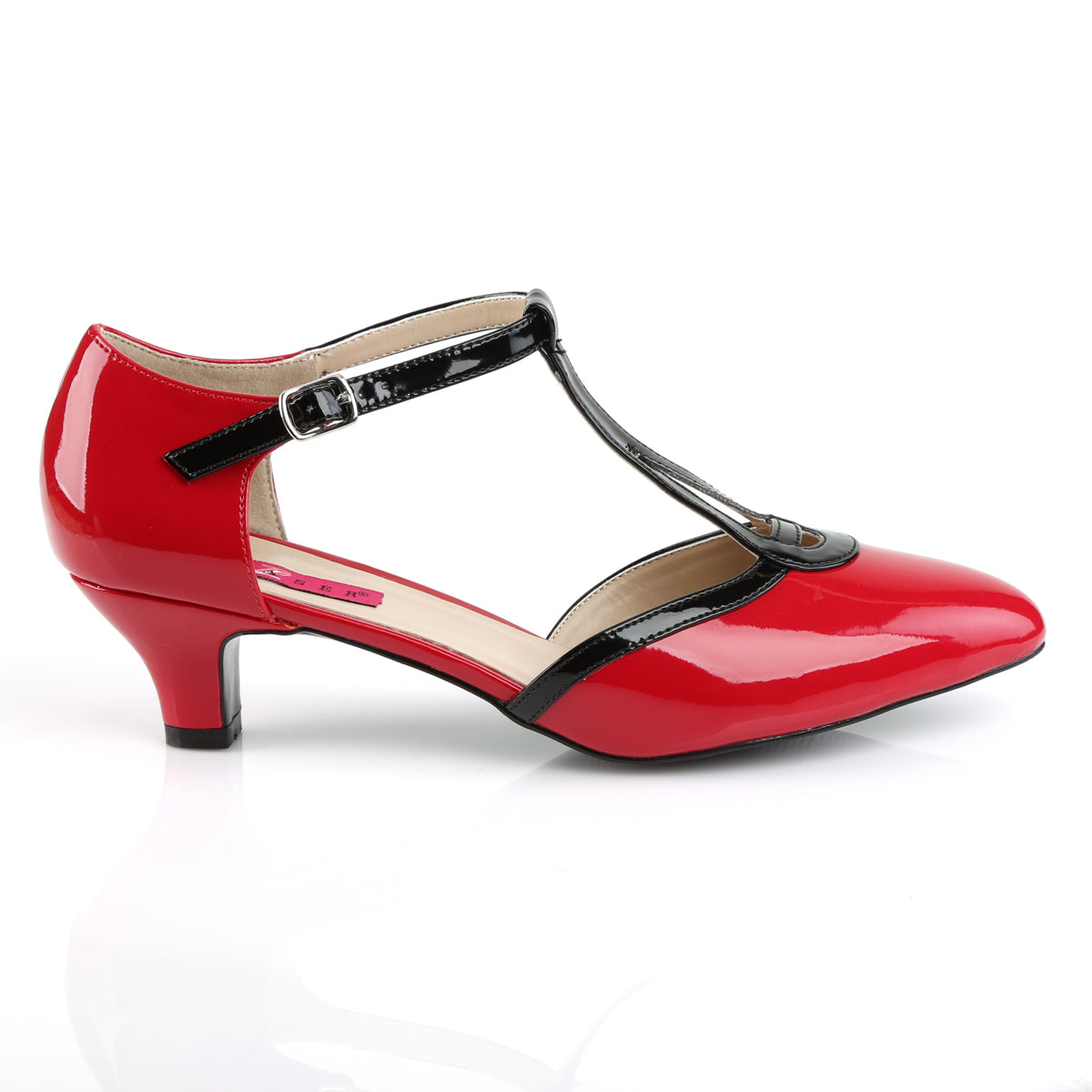 Red & Black T-Strap Low Heels