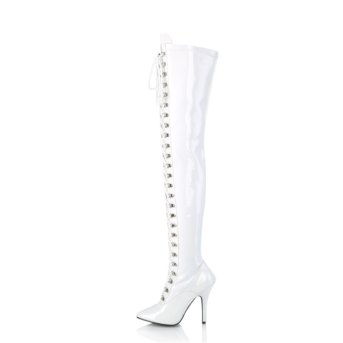 Domination Patent Stretch White Thigh High Boots