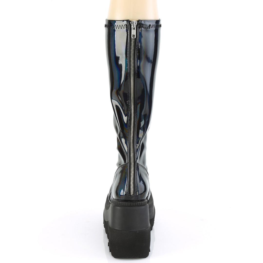 Demonia Shaker-65 Panzer Shiny Black Hologram Knee High Boots