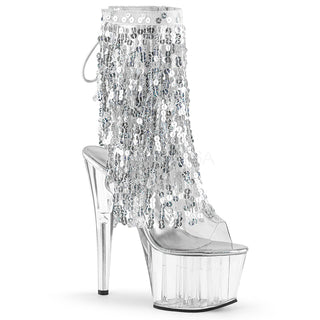 Pleaser Adore-1017SQF Silver Sequins Fringe Platform Boots