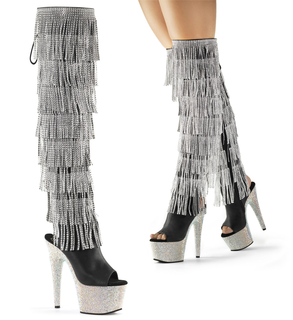 Bejeweled Thigh High Boots Black-Silver Boots