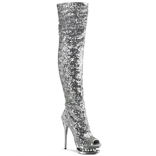 Blondie-R-3011 Silver Rhinestone Open Toe Thigh-High Boots