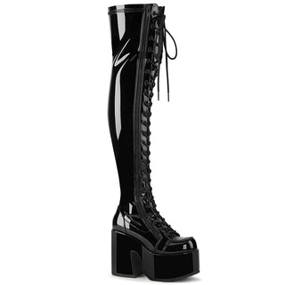 Camel-300 Black Patent Platform Thigh High Boots