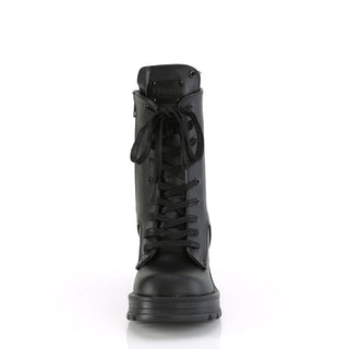 front view of chunky heel combat boots Demonia bratty-50 showing laces
