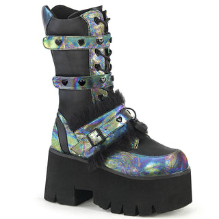 A pair of CyberPunk green multi oil platform boots with heart eyelets and reflective panels, featuring chunky heels and a mid-calf design.