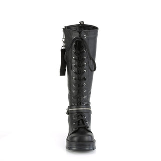 front view of Demonia Bratty206 combat boots showing laces and buckle zipper