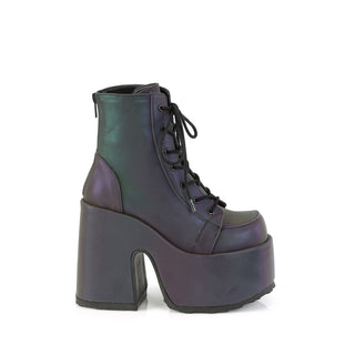 Outer side view of CAMEL-203 green reflective chunky heel boot