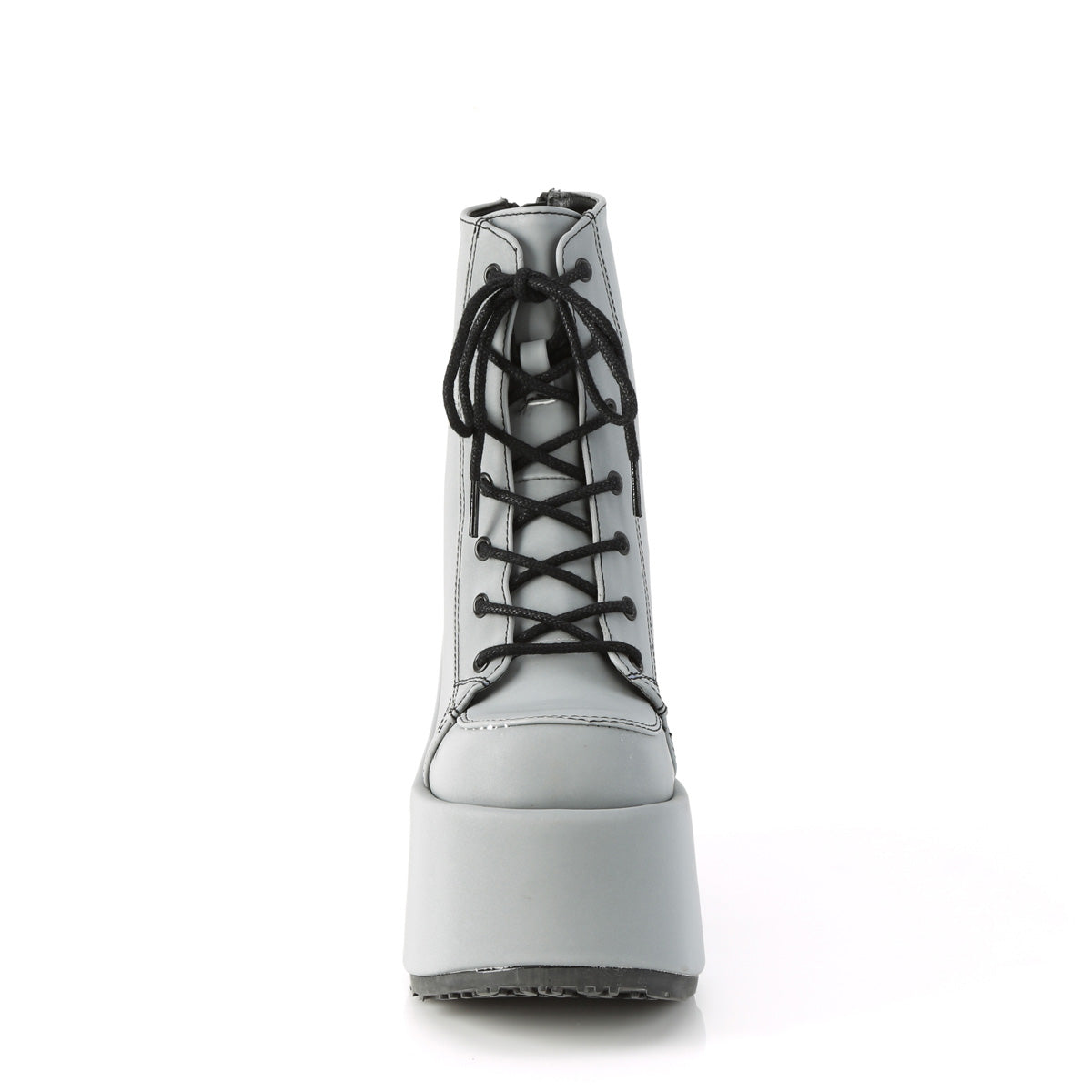 Front view of Demonia CAMEL-203 boot with lace-up front in grey reflective material