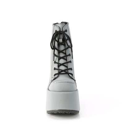 Front view of Demonia CAMEL-203 boot with lace-up front in grey reflective material