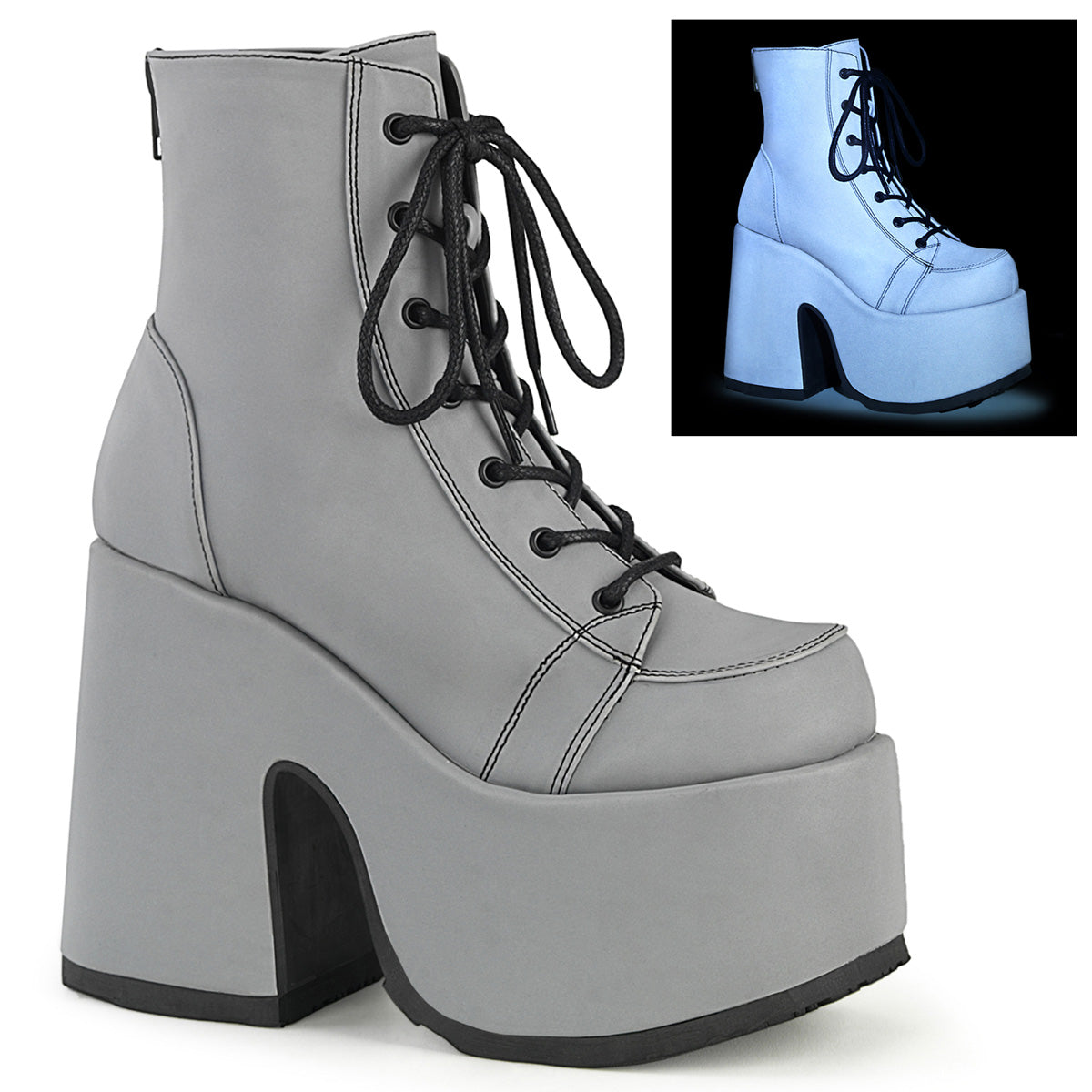 demonia camel-203 grey reflective platform boots