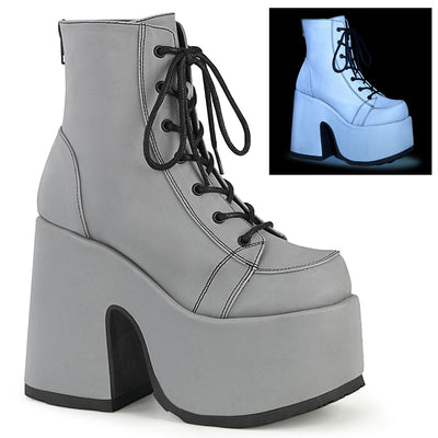 demonia camel-203 grey reflective platform boots