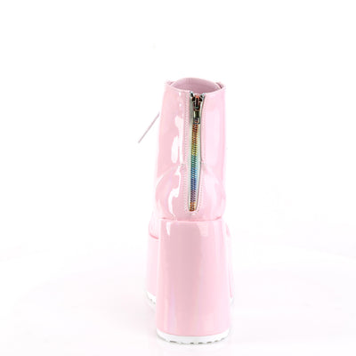Rear view of CAMEL-203 boot in pink hologram with metal back zip detail