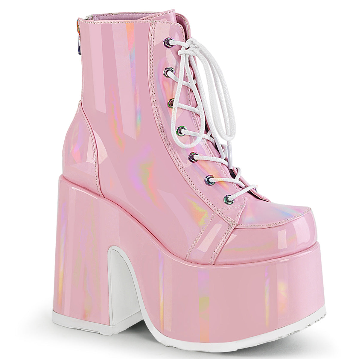 demonia camel-203 pink hologram chunky heel platform boots