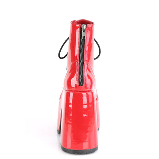 Rear view of Demonia Camel-203 red patent platform boots with back zip closure