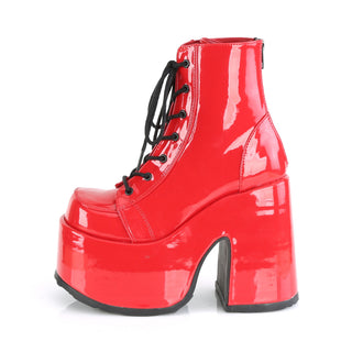 Right side view of Demonia Camel-203 red patent platform boots with black laces