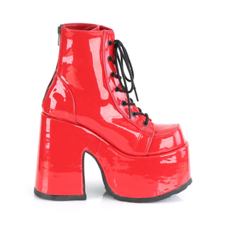 Side view of Demonia Camel-203 red patent platform boots with black laces