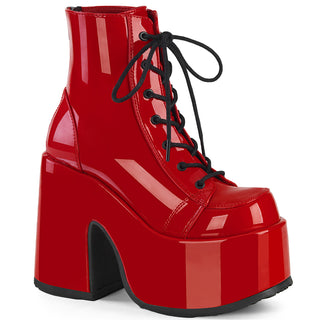 Demonia Camel-203 red patent platform ankle boots with black laces and chunky heel