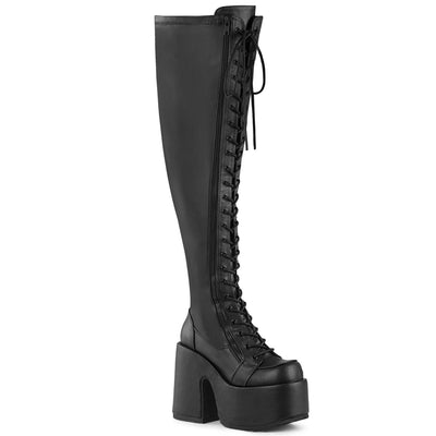 Demonia Camel-300wc black matte thigh high goth platform boots