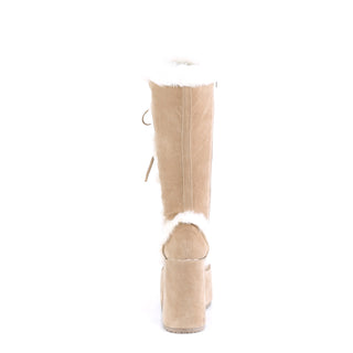 Demonia Camel-311 camel knee-high platform boots with faux fur trim and rear view