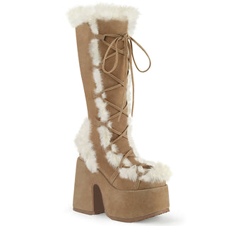 Demonia Camel-311 camel knee-high platform boots with faux fur trim and lace-up