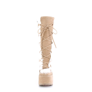 Demonia Camel-311 camel knee-high platform boots with lace-up front and faux fur trim, front view