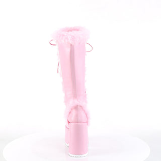Demonia Camel-311 pastel pink knee-high platform boots with faux fur trim, back view