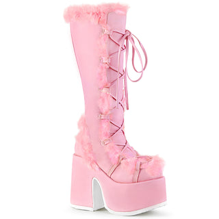 Demonia Camel-311 pastel pink knee-high platform boots with faux fur trim and lace-up