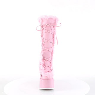Demonia Camel-311 pastel pink knee-high platform boots with lace-up front and faux fur trim, front view