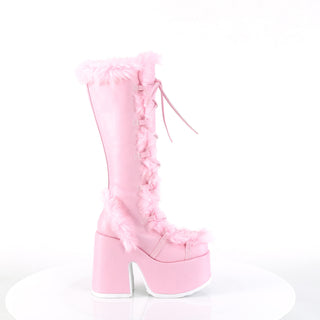 Demonia Camel-311 pastel pink knee-high platform boots with faux fur trim and lace-up outer side view