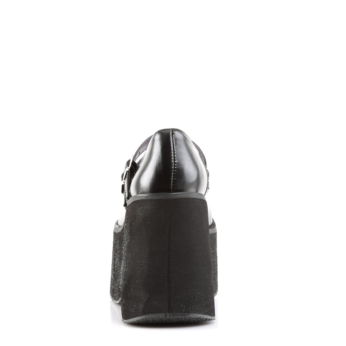 Back view of black platform Mary Jane shoe with double buckle straps and chunky wedge heel.