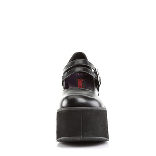 Front view of black platform Mary Jane shoe with double buckle straps and chunky sole.