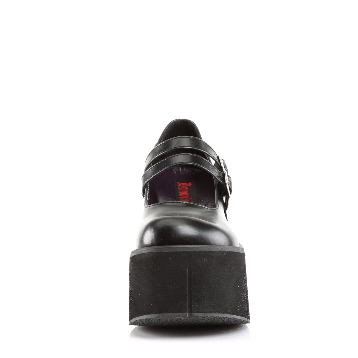 Front view of black platform Mary Jane shoe with double buckle straps and chunky sole.