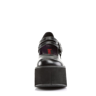 Front view of black platform Mary Jane shoe with double buckle straps and chunky sole.