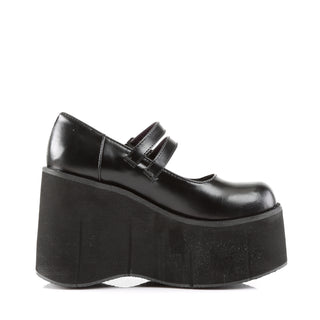Inner side view of black platform Mary Jane shoe with double buckle straps and tall wedge sole