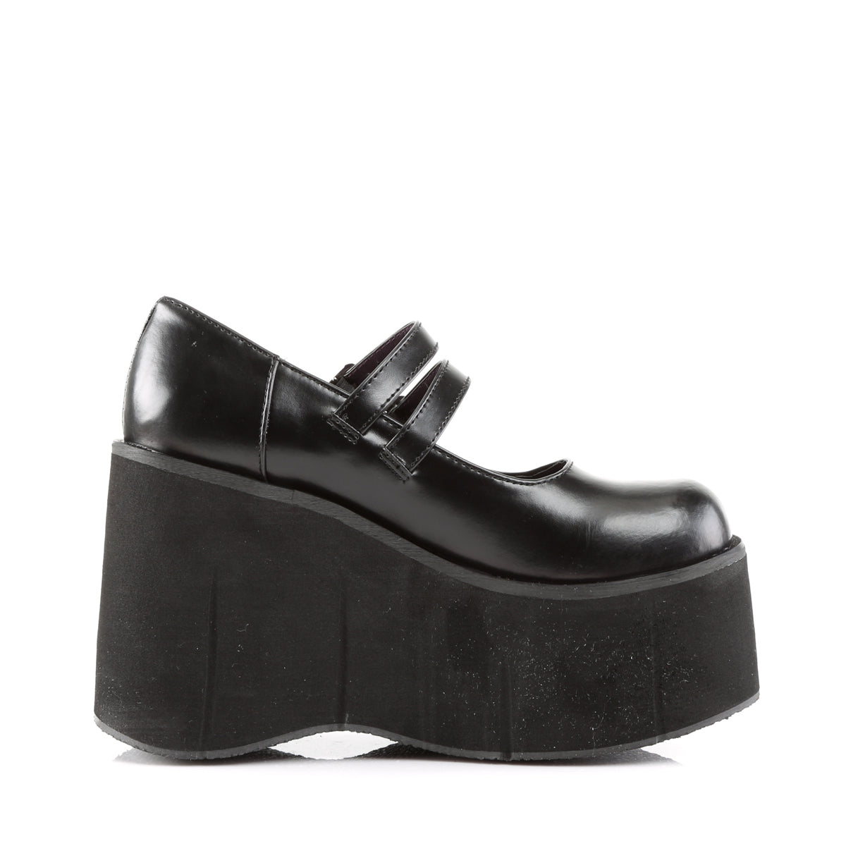 Inner side view of black platform Mary Jane shoe with double buckle straps and tall wedge sole