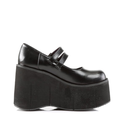 Inner side view of black platform Mary Jane shoe with double buckle straps and tall wedge sole