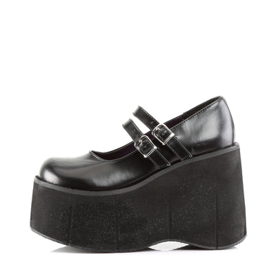 Outer side view of black platform Mary Jane shoe with double buckle straps and tall wedge sole.