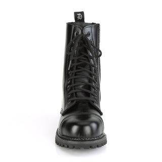 Front view of Demonia Riot-10 Real Leather boots showing the steel-capped round toe, front laces, and rugged combat style.