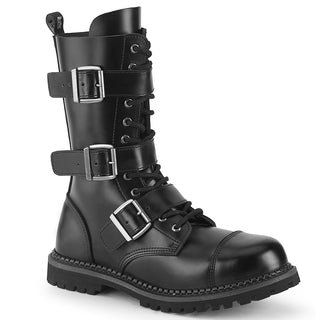 Demonia Riot-12bk triple buckle leather combat boots