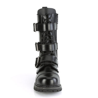 front-view-of-demonia-riot-12bk-leather-combat-boots-showing-laces