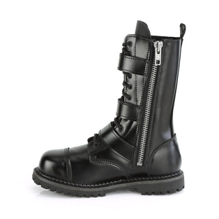 inner side view of demonia riot-12bk keather combat boots showing zipper