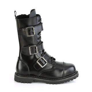 outer-side-view-of-demonia-riot-12bk-mens-leather-combat-boots-showing-three-buckles