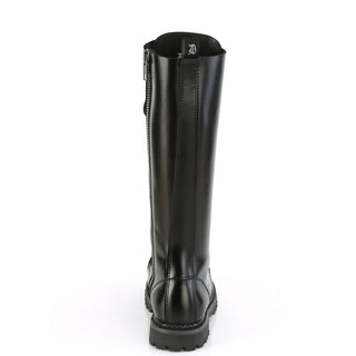 back view of demonia riot-20 knee high leather combat boots